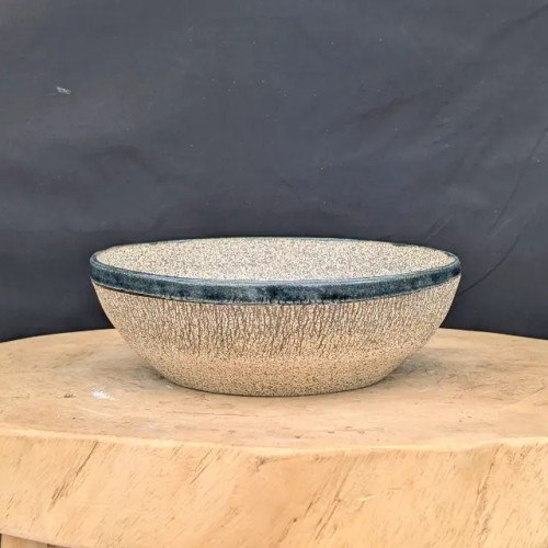Round Crackle Bonsai Pot with Gloss Green Rim by Andy Arnault – No. AA-642
