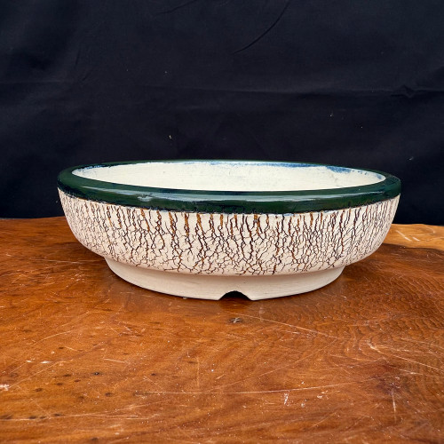 Round Crackle Bonsai Pot with Gloss Green Rim by Andy Arnault – No. AA-641