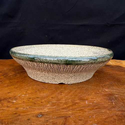 Flared Stone-Textured Bonsai Pot with Green Rim by Andy Arnault – No. AA-644
