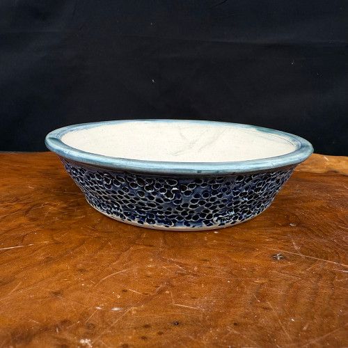 Round Bonsai Pot with Textured Blue Pebble Glaze by Andy Arnault – No. AA-645