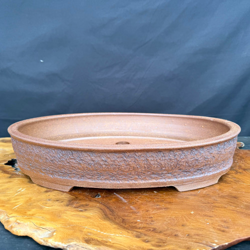 17" Handmade Oval Bonsai Pot by Jack Hoover – Textured Bark Brown  – No. 695