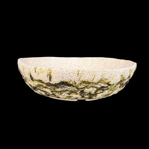 8.5" Andy Arnault Hand-Carved Landscape Bonsai Pot – Textured Ivory & Moss Glaze No. 702