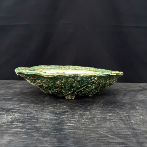 10" John Fazzino Handmade Bonsai Pot – Round with Textured Green Glaze No. JF-021