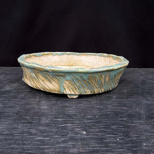 7" John Fazzino Handmade Bonsai Pot – Oval with Pale Aqua Glaze & Carved Texture No. JF-030