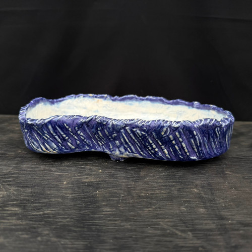 10" John Fazzino Handmade Bonsai Pot – Textured Abstract Oval in Deep Cobalt No. JF-032