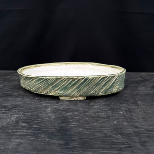 10" Oval Fazzino Bonsai Pot – Deep Green Glaze with Diagonal Carving No. JF-033