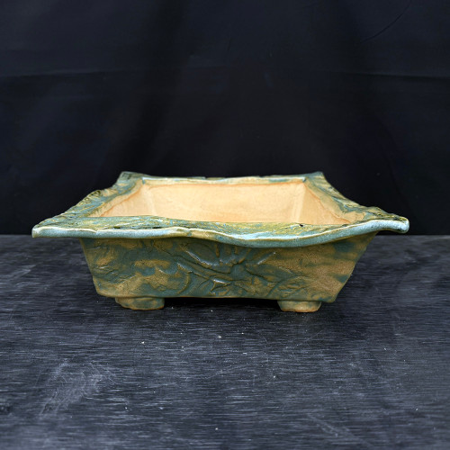 10" Forest-Green Leaf-Relief Square Bonsai Pot with Flowing Rim No. JF-062