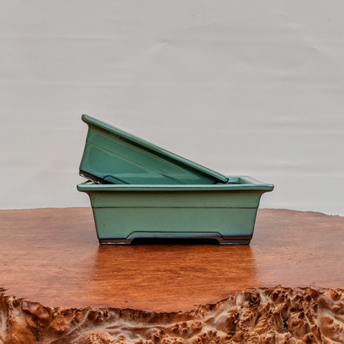 Oribe Glazed Rectangle Bonsai Pot in Light Green